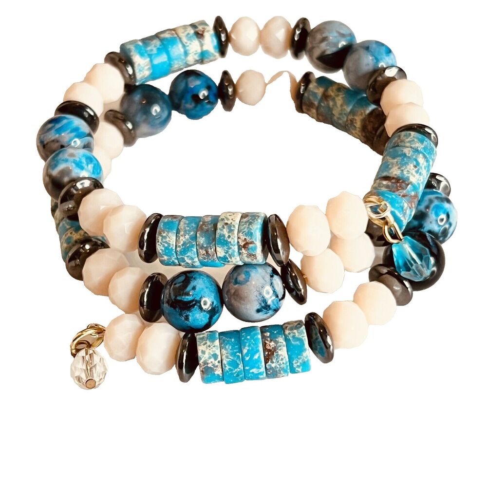 Wrap Bracelet Turquoise Imperial Jasper Blue Agate Beaded Artisan Wire Wrapped